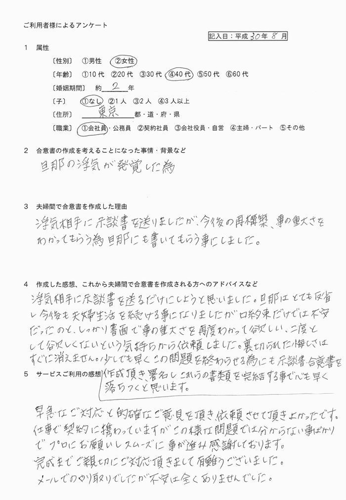 ご利用者さまの声 協議離婚 婚姻費用の分担などの契約書